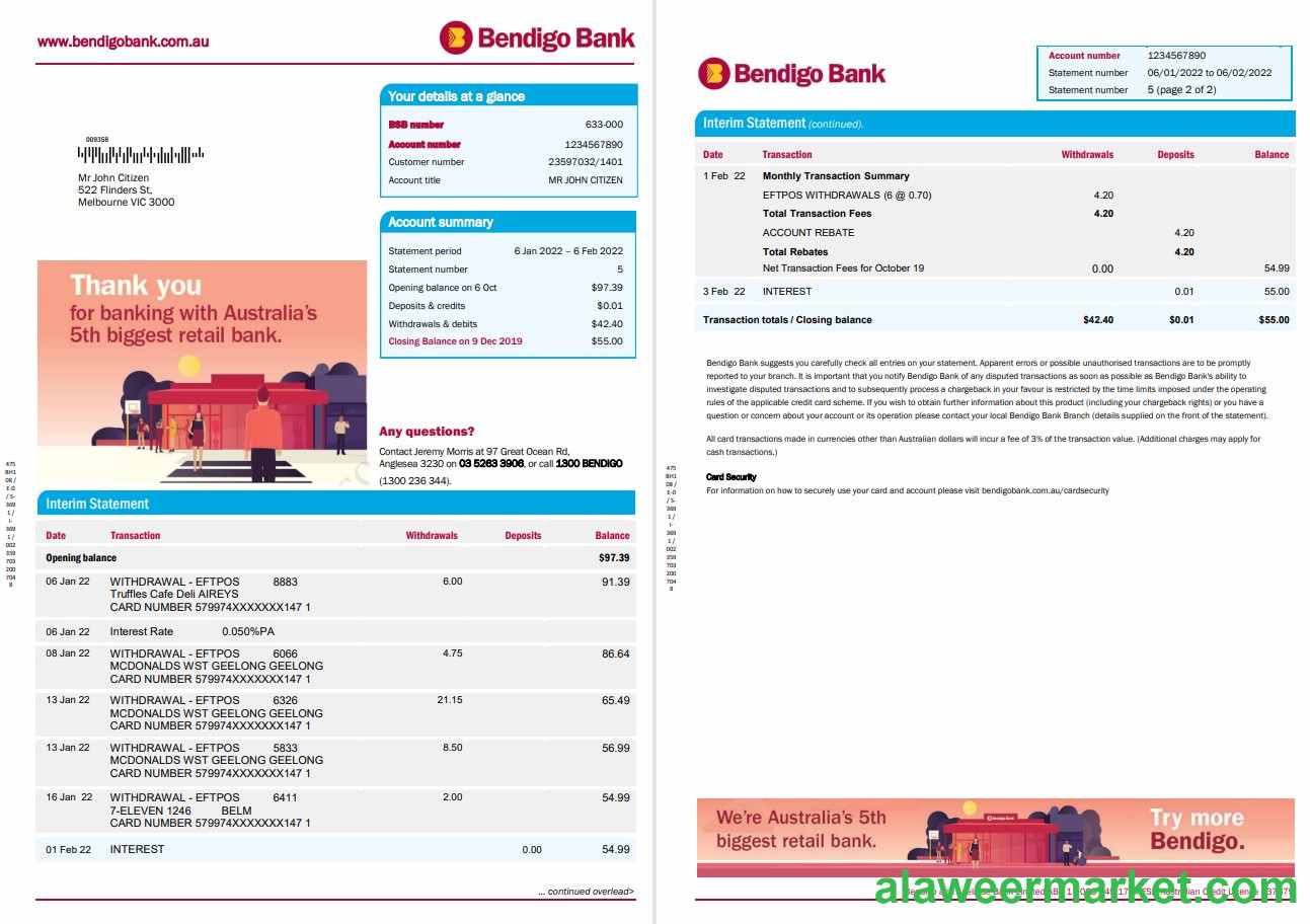 Australia Bendigo Bank Statement